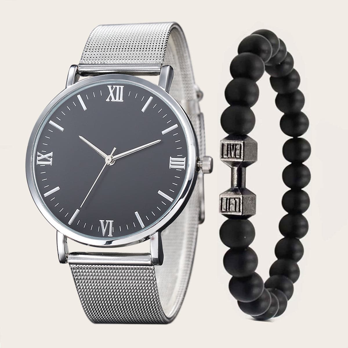 2pcs Herrenmode: Römische Skala Quarzuhr mit Hantel-Armband