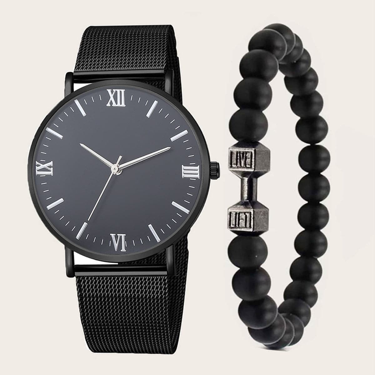 2pcs Herrenmode: Römische Skala Quarzuhr mit Hantel-Armband