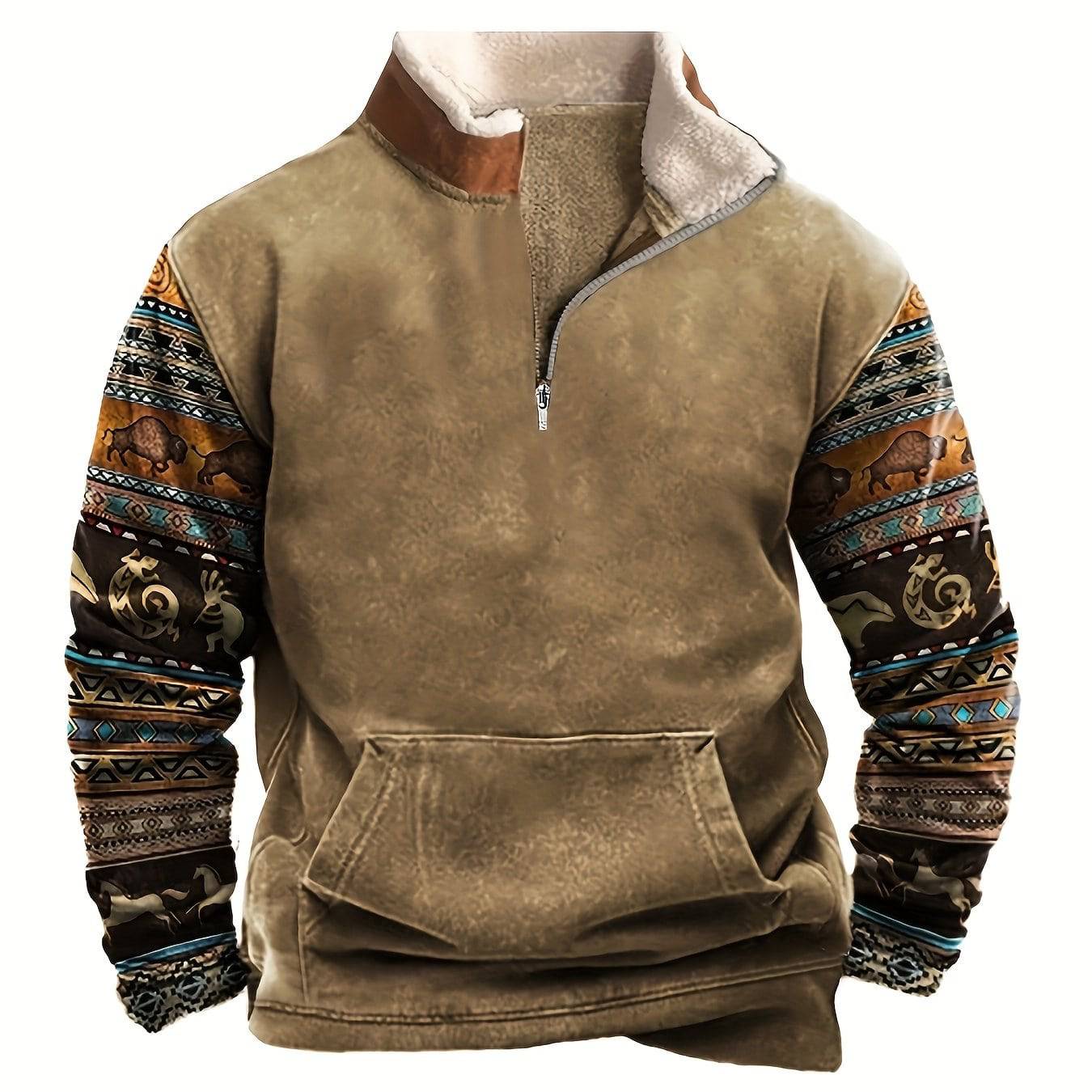 Fleece-gefütterter Herren V-Ausschnitt Sweatshirt - Retro Ethno-Muster Winter Tops.