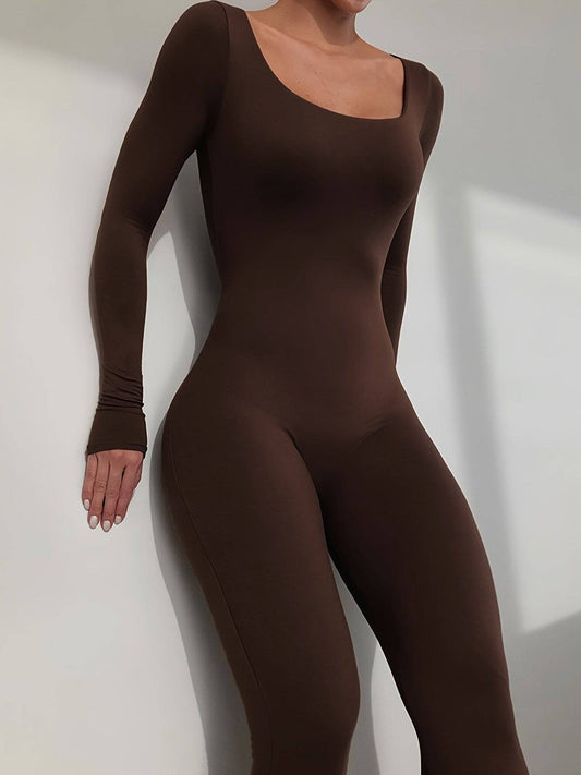 Solider Langarm-Bodycon-Jumpsuit, Sport, Yoga, Skinny, Nahtlose Damenbekleidung