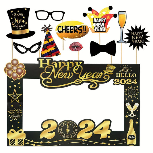 Set für Frohes Neues Jahr 2024 - Papier-Fotorahmen und Fotokabinen-Requisiten (Komplette Party-Dekoration)