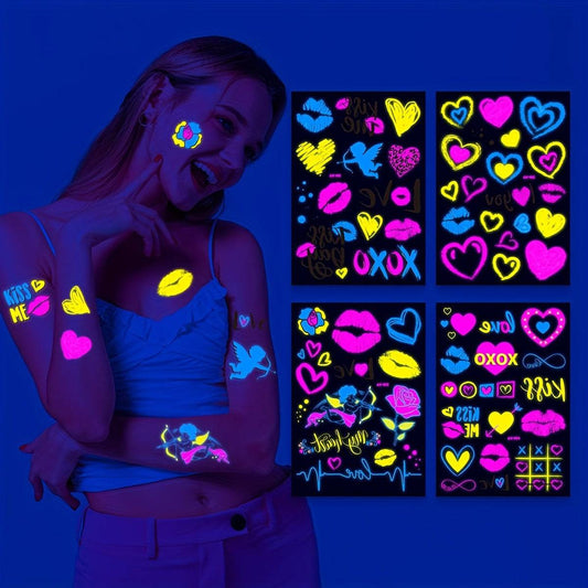 Glow-in-the-Dark Love Heart Tattoos - Valentine's Day Stickers (4 Sheets)