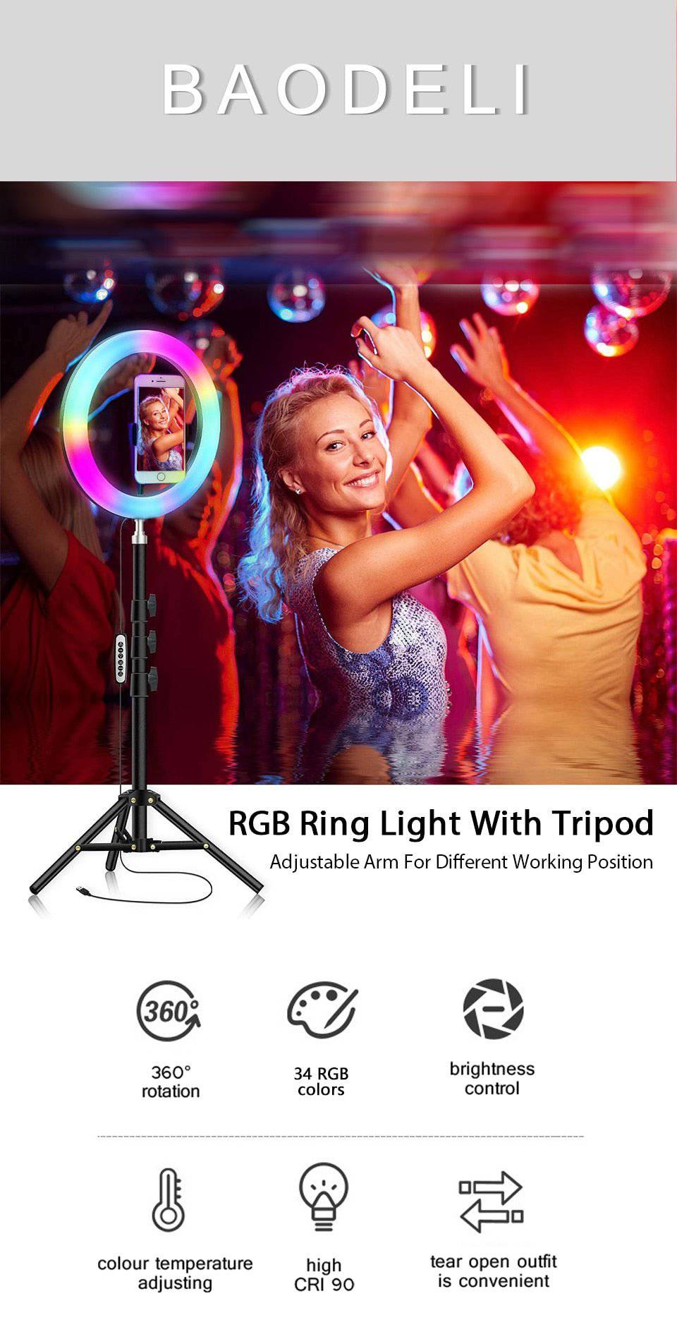 "Vielseitiger LED-RGB Selfie Ring - 32 Farben, höhenverstellbar"